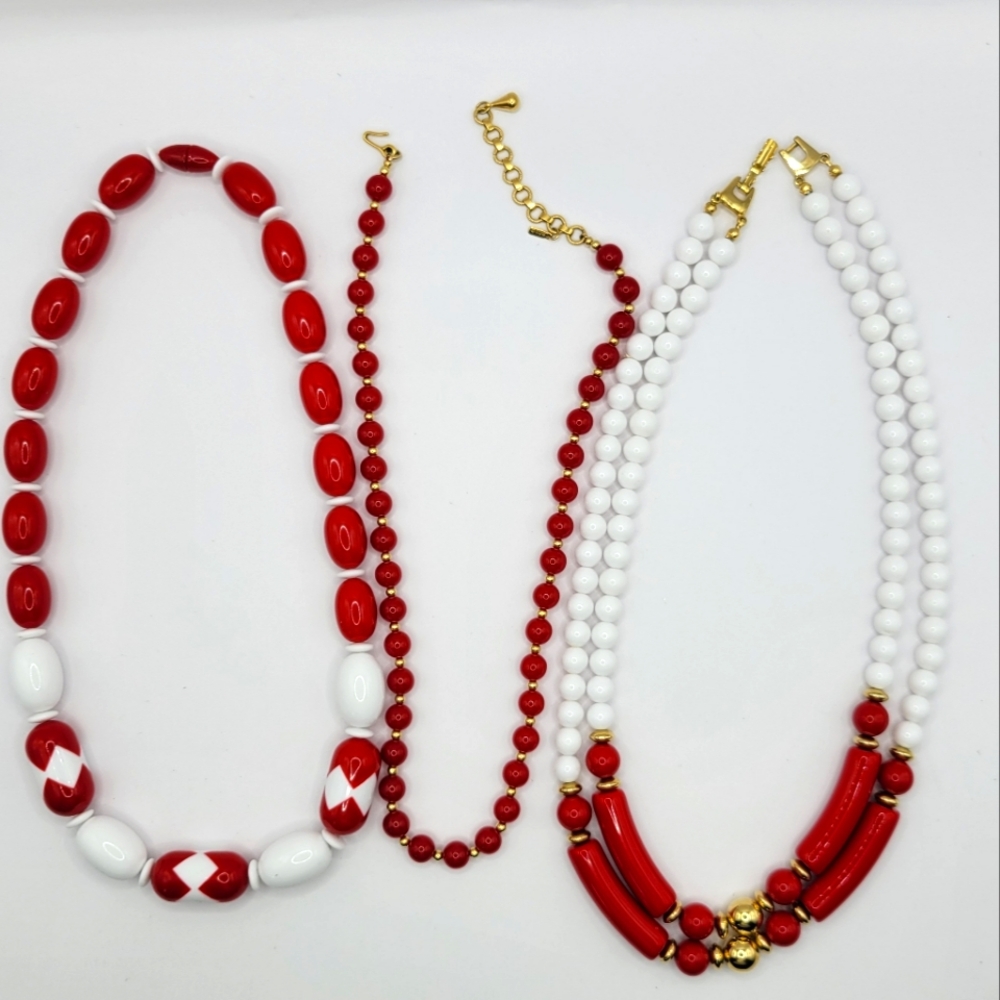Preppy Vintage Necklace Lot Red White Gold Beads 80s Sailor Style Signed Monet
